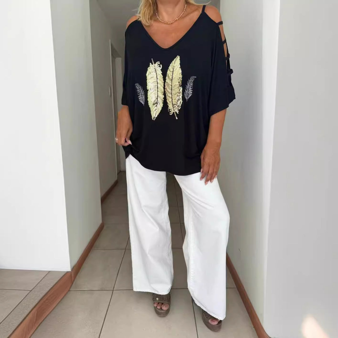 Ladies loose-fitting blouse shirt off-shoulder design with sequin-feather application and split sleeves Mune Fashion