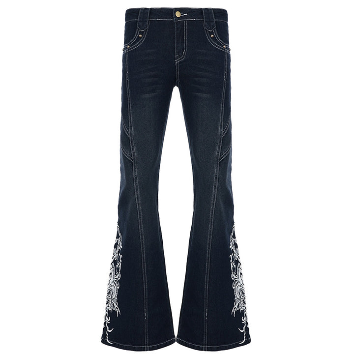 Women's flared jeans with high waist, decorative side embroidery and flared bootcut Mune Fashion