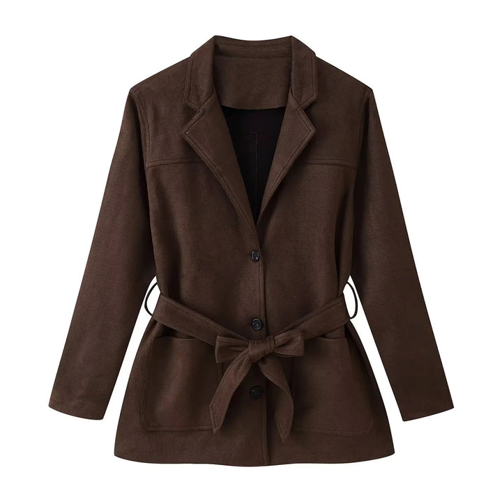 Women tailored waist belt blazer jacket made of velvet imitation with flap pockets Mune Fashion