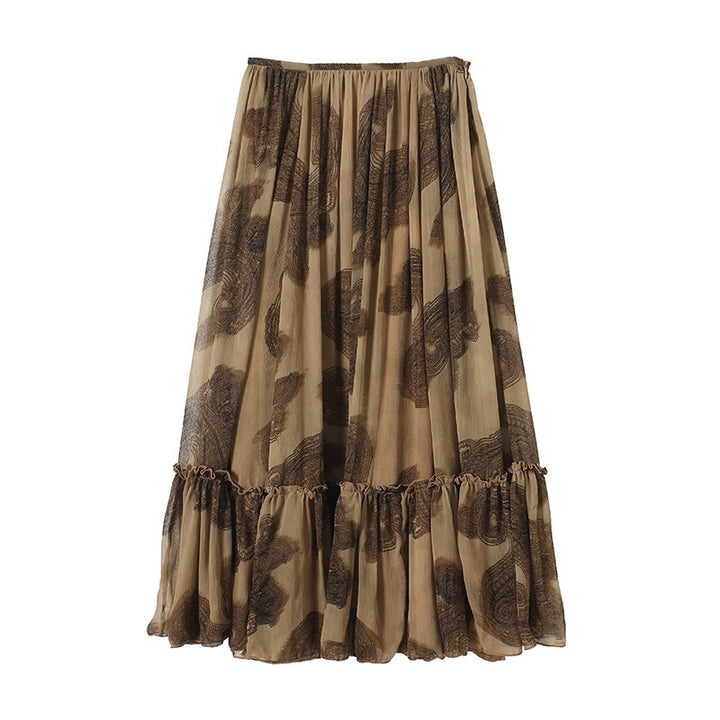 Women's maxi skirt made of chiffon with pleats, elastic waistband, and ruffled hem Mune Fashion