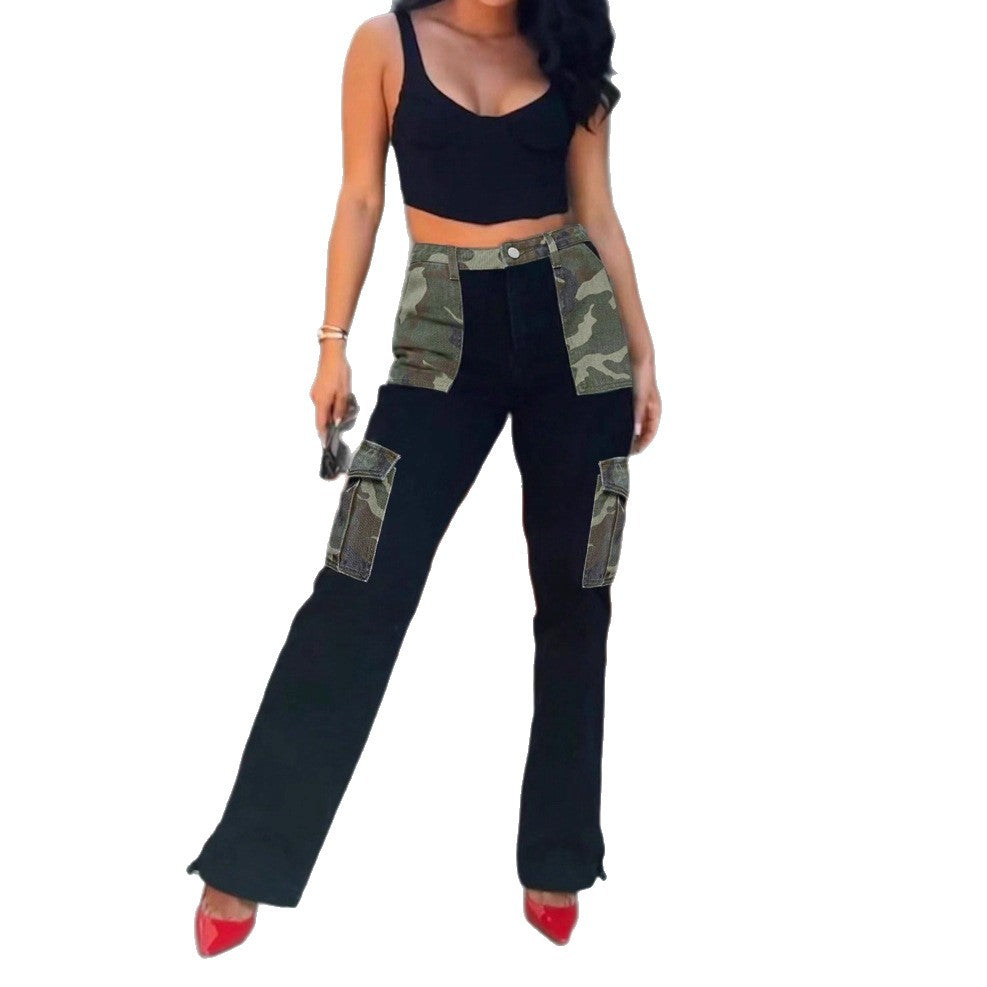 Ladies High-Waist Cargo Jeans with Camouflage Inserts and Wide Leg Mune Fashion
