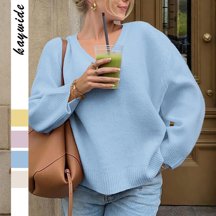 Women's oversized V-neck fine knit sweater with dropped shoulder, long kimono sleeves and wide ribbed trim Mune Fashion