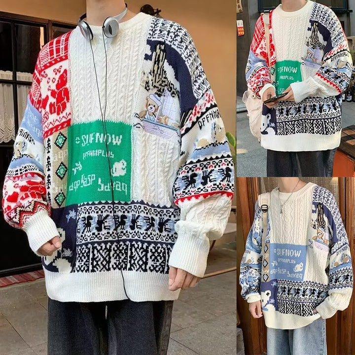 Men's Cozy Chunky Knit Sweater with Colorful Patchwork Mune Fashion