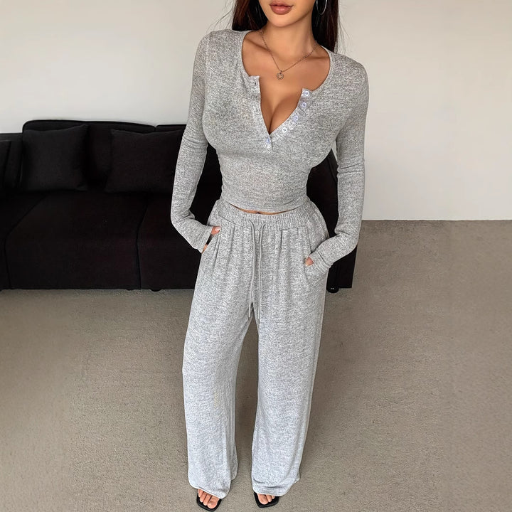 Women Casual Ribbed Knit Lounge Set with Off-Shoulder Henley Top and Wide Jog Pants Mune Fashion