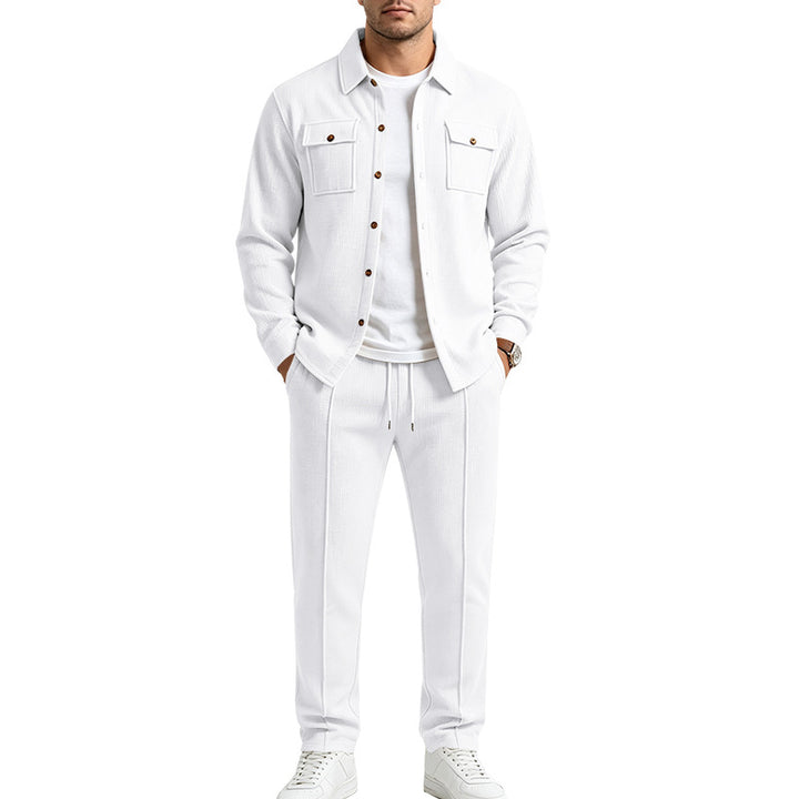 Men's Structured Knit Set Overshirt with Chest Pockets & Slim Jogging Pants Mune Fashion