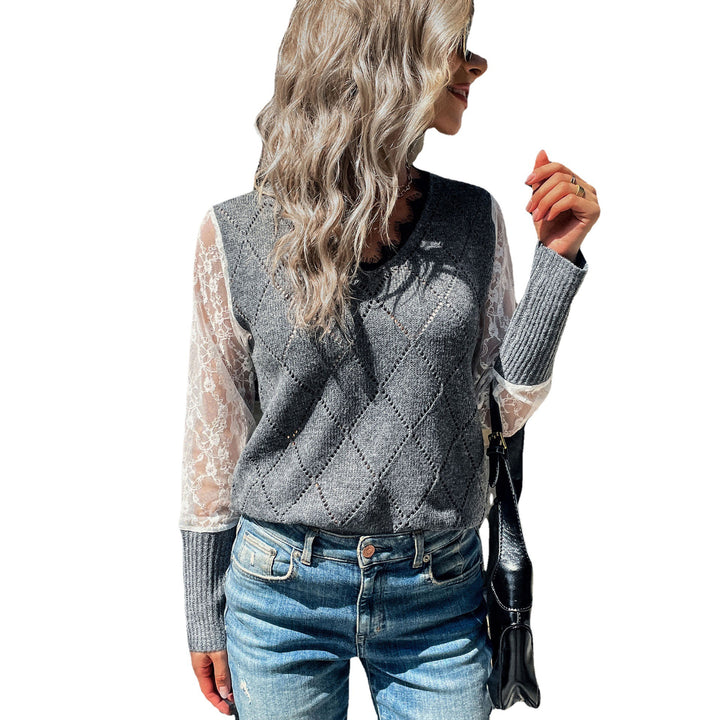Women's Casual Fine Knit Sweater with Openwork Diamond Pattern, Transparent Lace Sleeves and Ribbed Cuffs Mune Fashion