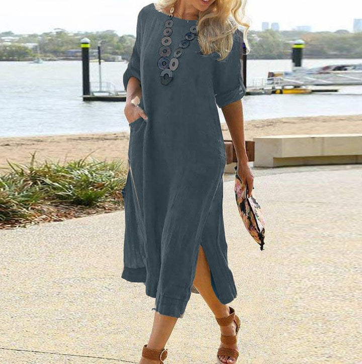 Women Linen Look Midi Dress with Side Slits, Patch Pockets and Three-Quarter Sleeves Mune Fashion