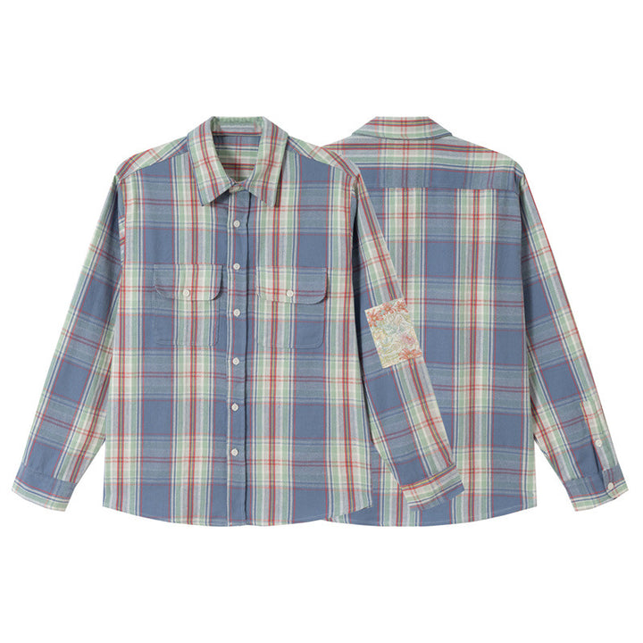 Unisex Oversized Shirt Jacket in Vintage Check with Flap Pockets and Sleeve Patch Mune Fashion