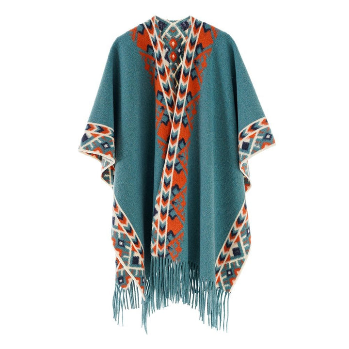 Women's Poncho Wrap with Ethno Jacquard and Fringe Hem Mune Fashion