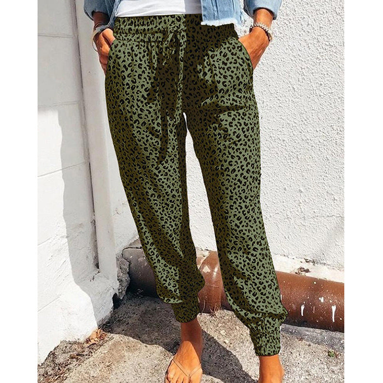 Ladies casual leopard print jogging pants with drawstring, side pockets, and elastic cuffs Mune Fashion