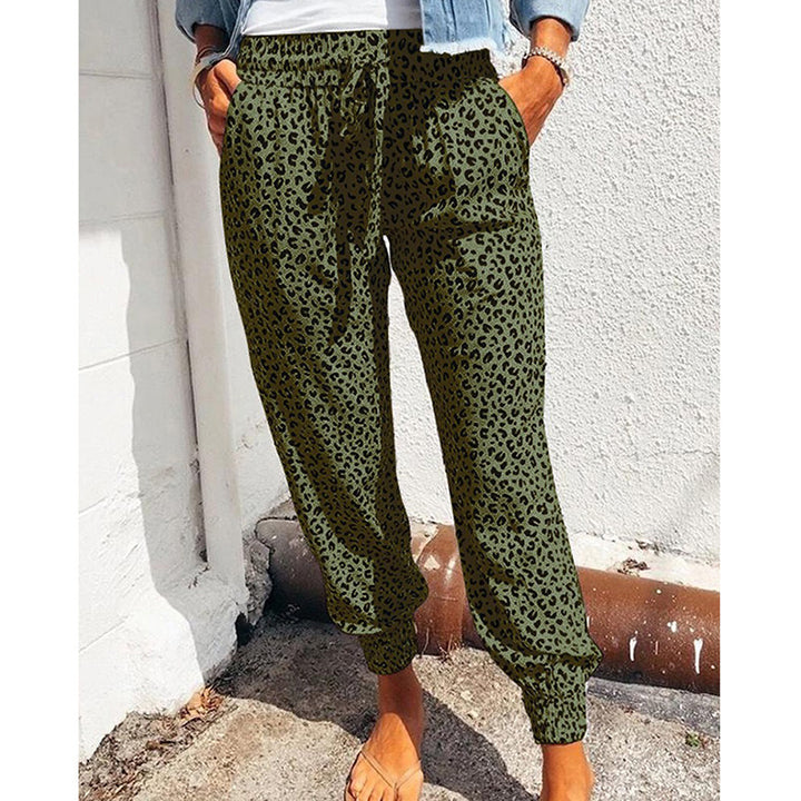 Ladies casual leopard print jogging pants with drawstring, side pockets, and elastic cuffs Mune Fashion