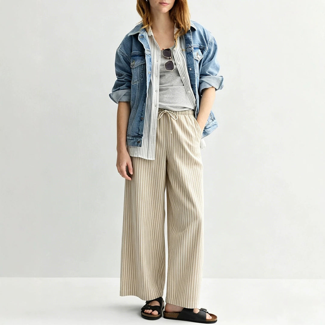 Women's Wide Linen Look Lounge Pants with Elastic Waistband and Drawstring Mune Fashion