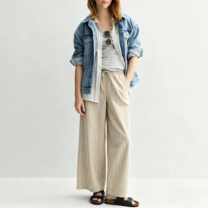 Women's Wide Linen Look Lounge Pants with Elastic Waistband and Drawstring Mune Fashion