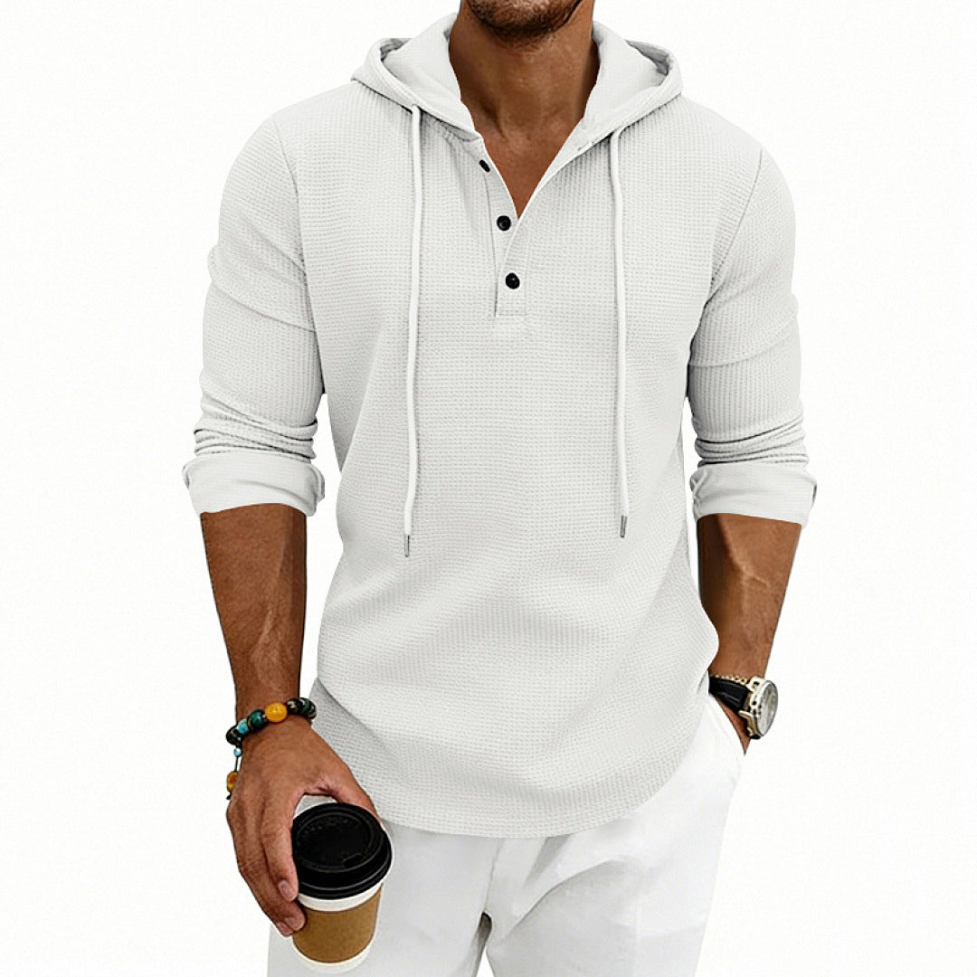 Men's Waffle Knit Henley Hoodie with Button Placket and Hood Mune Fashion