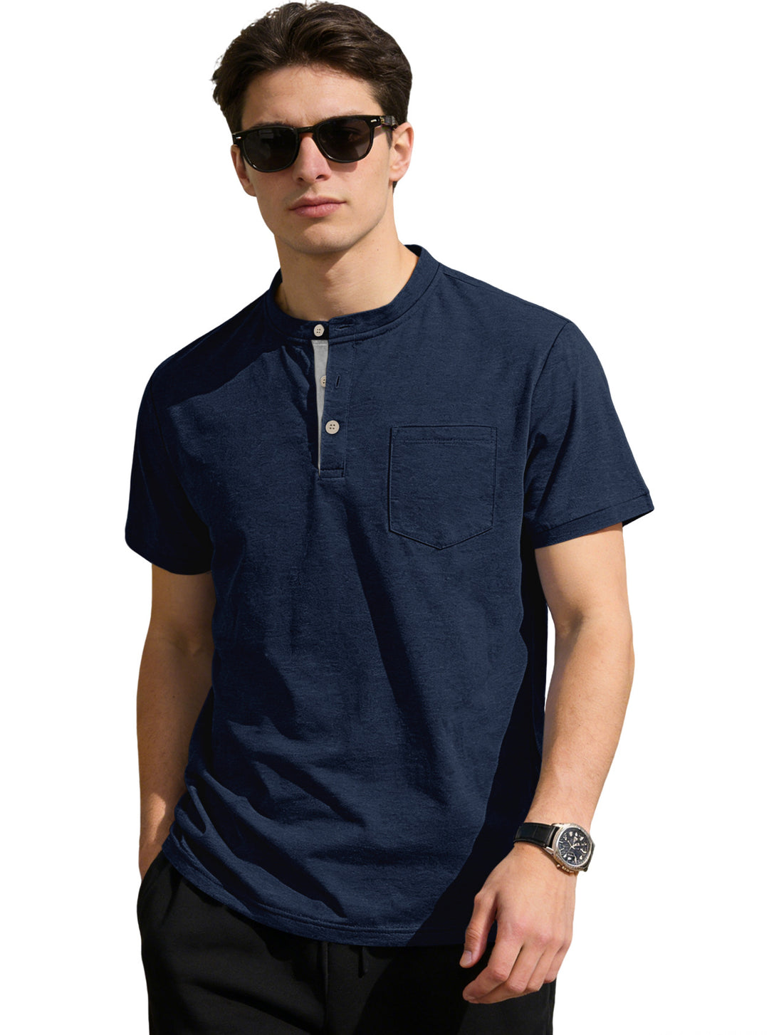 Men's structured cotton henley shirt with short stand-up collar button placket and chest pocket Mune Fashion