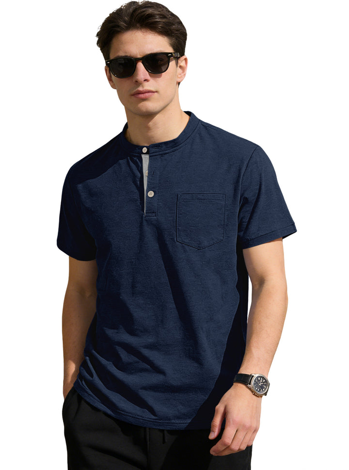 Men's structured cotton henley shirt with short stand-up collar button placket and chest pocket Mune Fashion