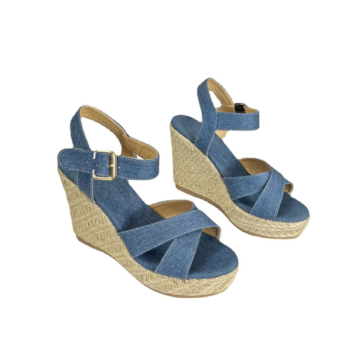 Ladies nan Wedge Espadrille Sandal with braided jute platform, crossed textile straps and adjustable metal buckle Mune Fashion