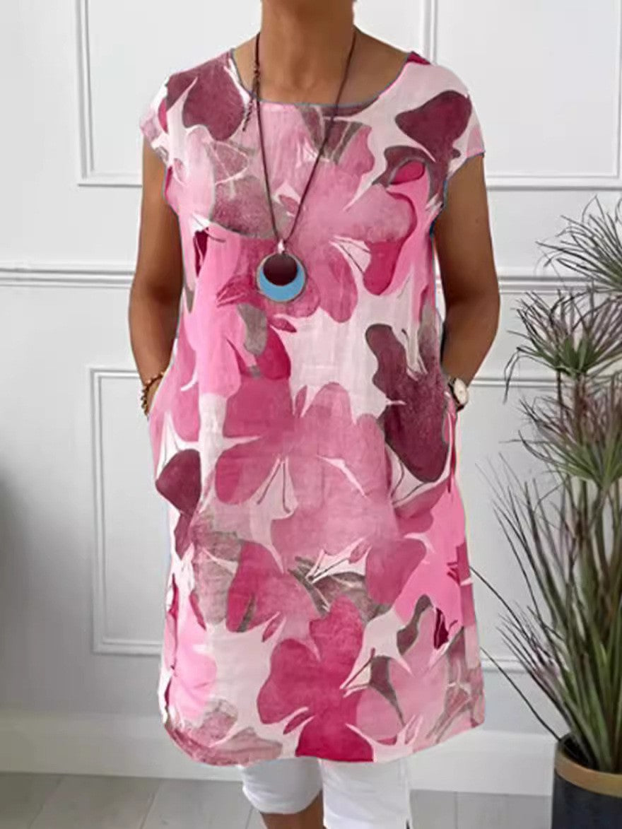 Ladies' airy tunic midi dress made of linen blend with watercolor flower print and side pockets Mune Fashion
