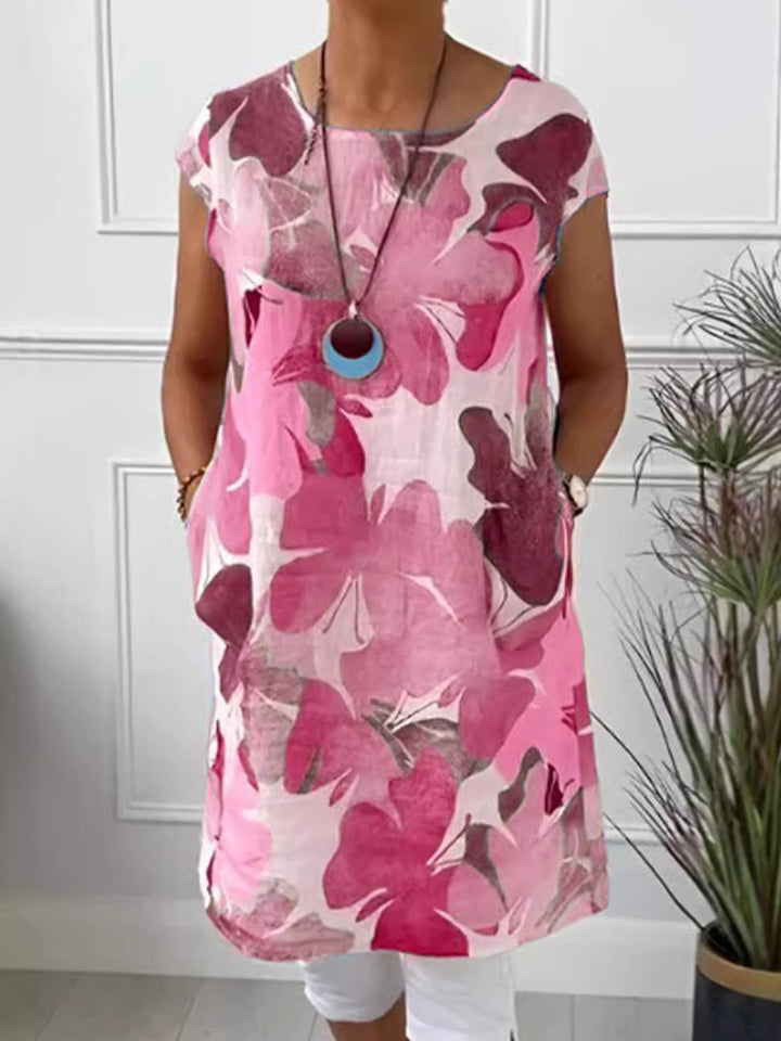 Ladies' airy tunic midi dress made of linen blend with watercolor flower print and side pockets Mune Fashion