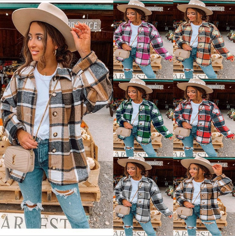 Women's Oversized Checked Flannel Shacket with Chest Pockets and Wooden Buttons Mune Fashion