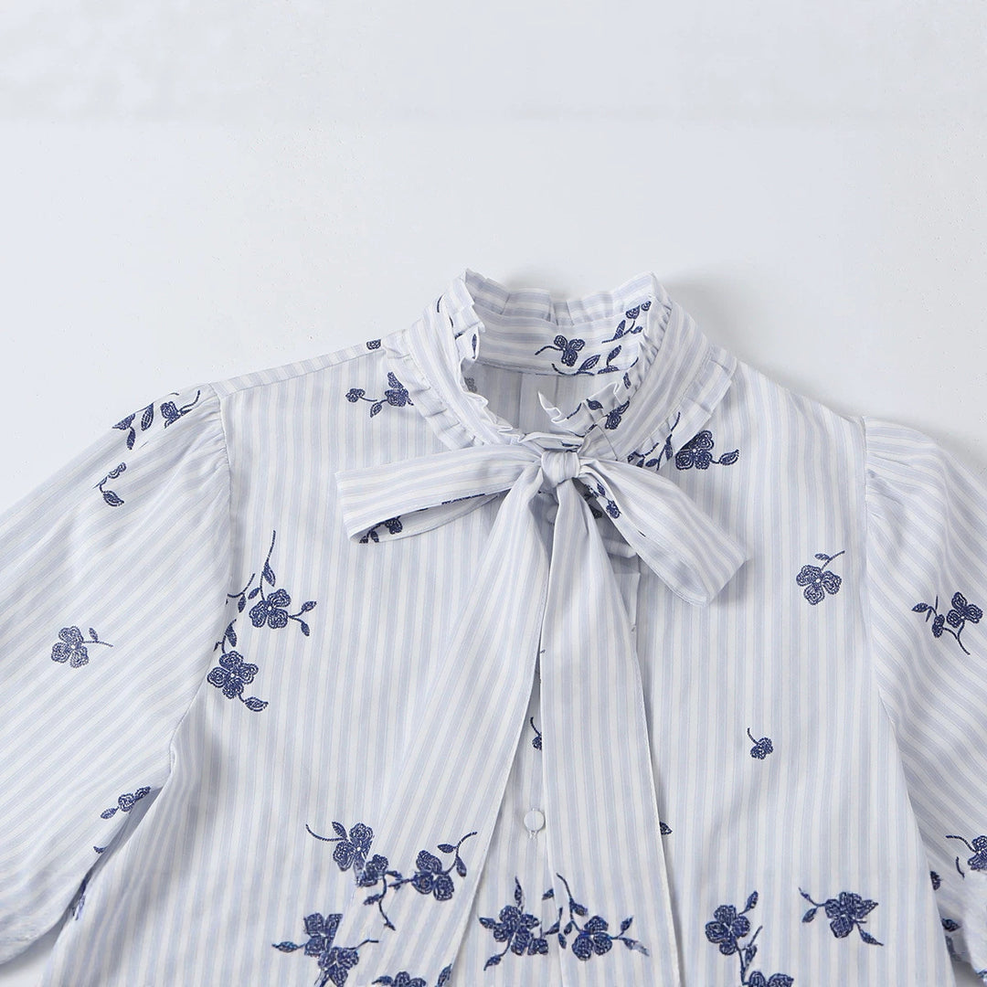 Women's sweater blouse with bow collar, ruffle yoke and floral embroidery Mune Fashion