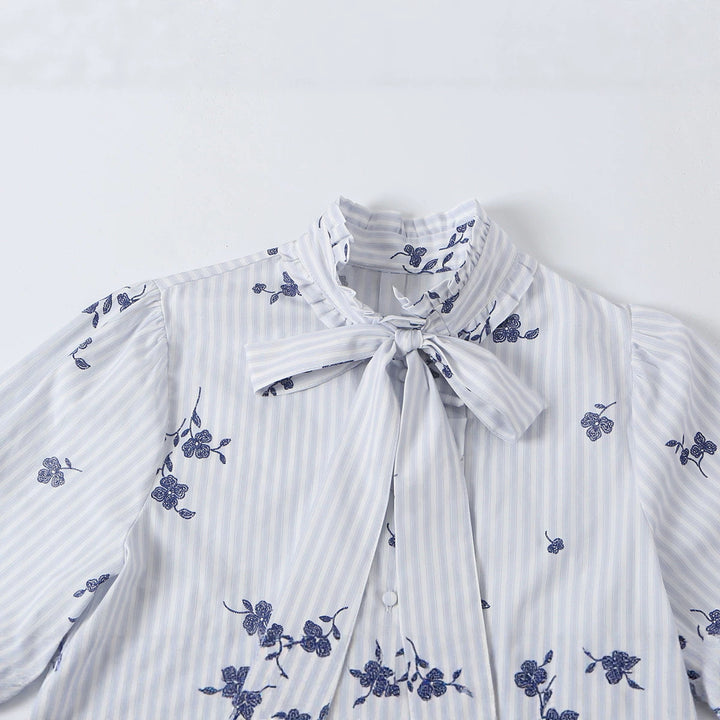 Women's sweater blouse with bow collar, ruffle yoke and floral embroidery Mune Fashion