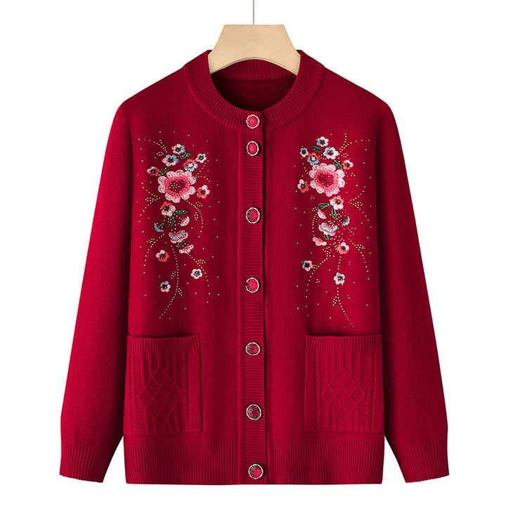 Women's embroidered cardigan with round neckline, decorative button placket, and patch pockets Mune Fashion