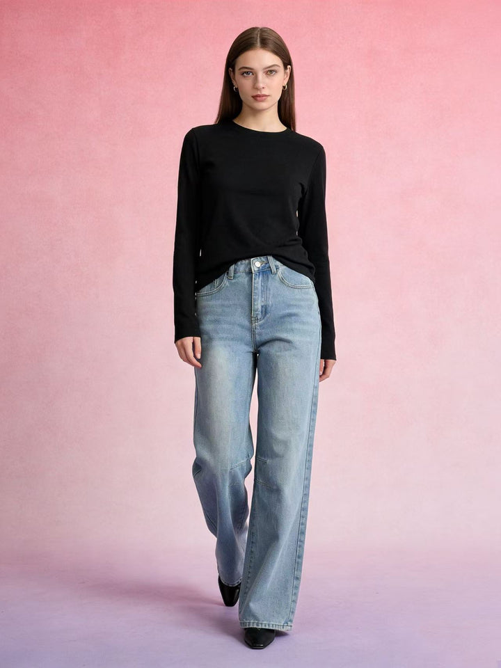 Women's simple long-sleeve fine knit shirt with round neckline, slightly tailored silhouette, and elastic wearing comfort Mune Fashion