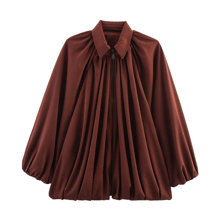 Women's Oversized Shirt Blouse with Zipper, Ruffles and Balloon Sleeves Mune Fashion