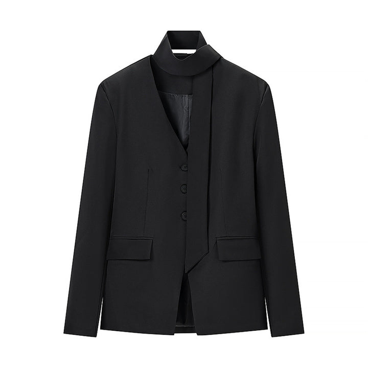 Women's Tailored Blazer with Bow, V-Neck and Flap Pockets Mune Fashion