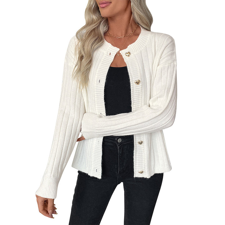 Women Ribbed Knit Cardigan with Heart Button Placket Mune Fashion