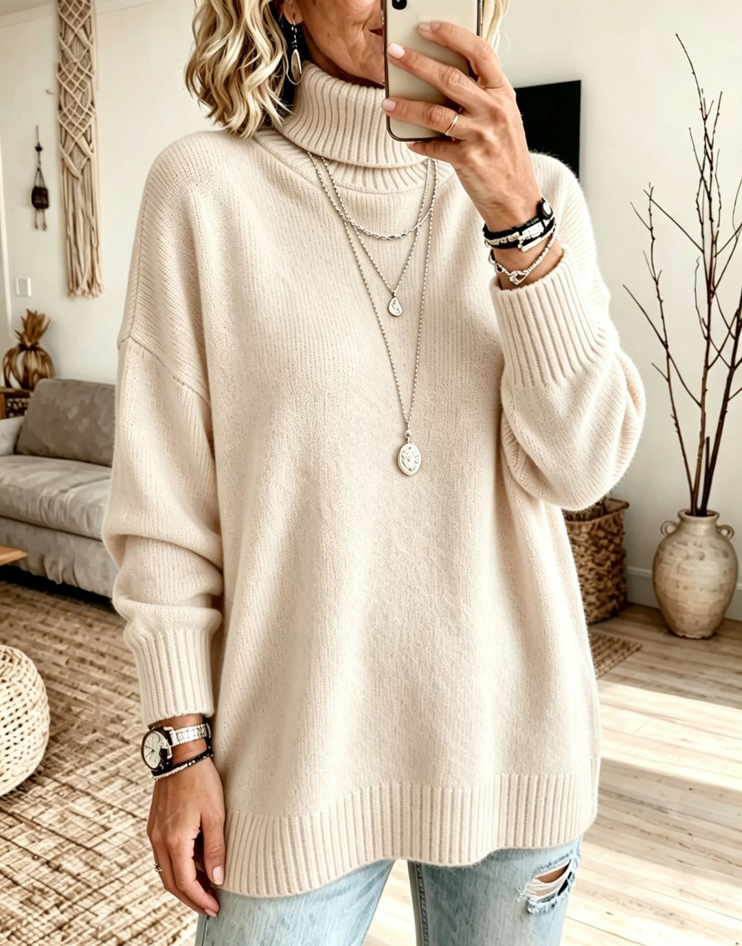 Women's Oversize Rollneck Sweater made of fine knit with ribbed cuffs and dropped shoulders Mune Fashion
