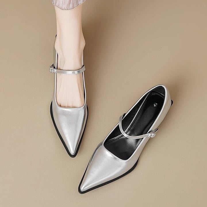 Ladies' Mary Jane style ankle strap pumps with pointed toe cap and shaped block heel Mune Fashion