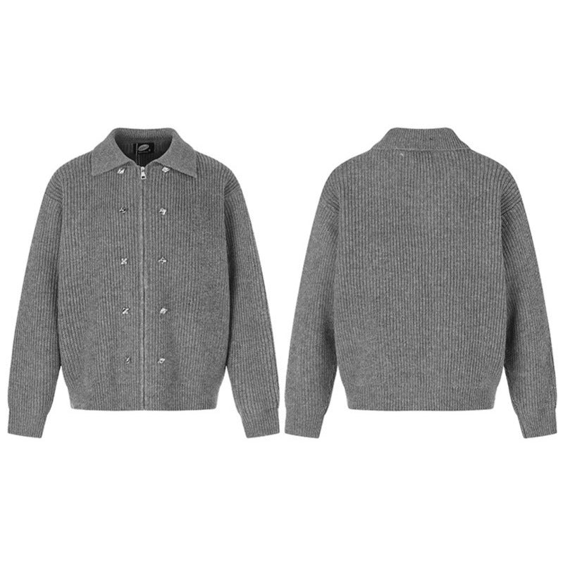 Women's chunky knit zip jacket with shirt collar and decorative buttons Mune Fashion