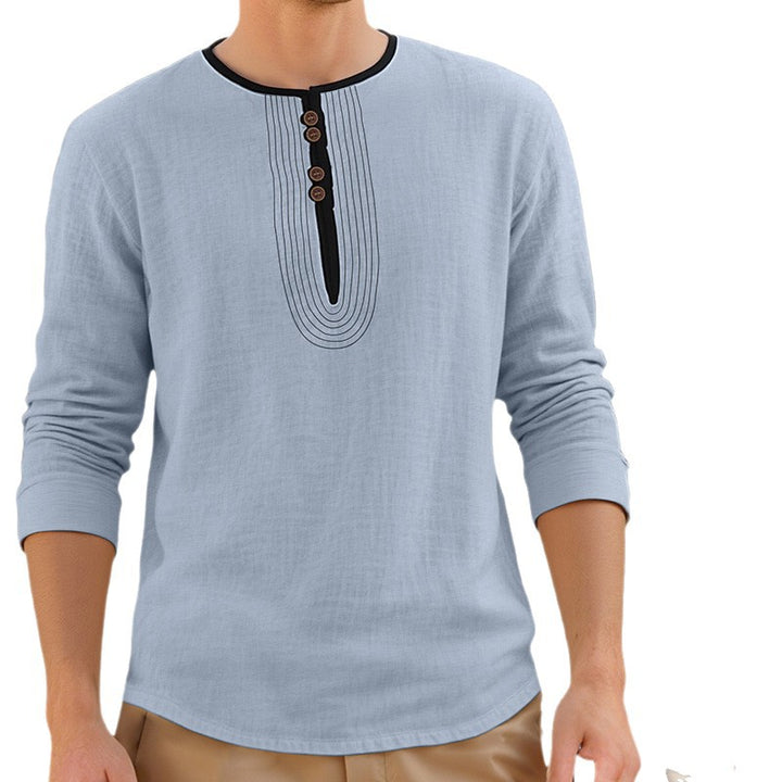 Men's Casual Linen Blend Long Sleeve Shirt with Decorative Button Placket and Decorative Stitching Mune Fashion