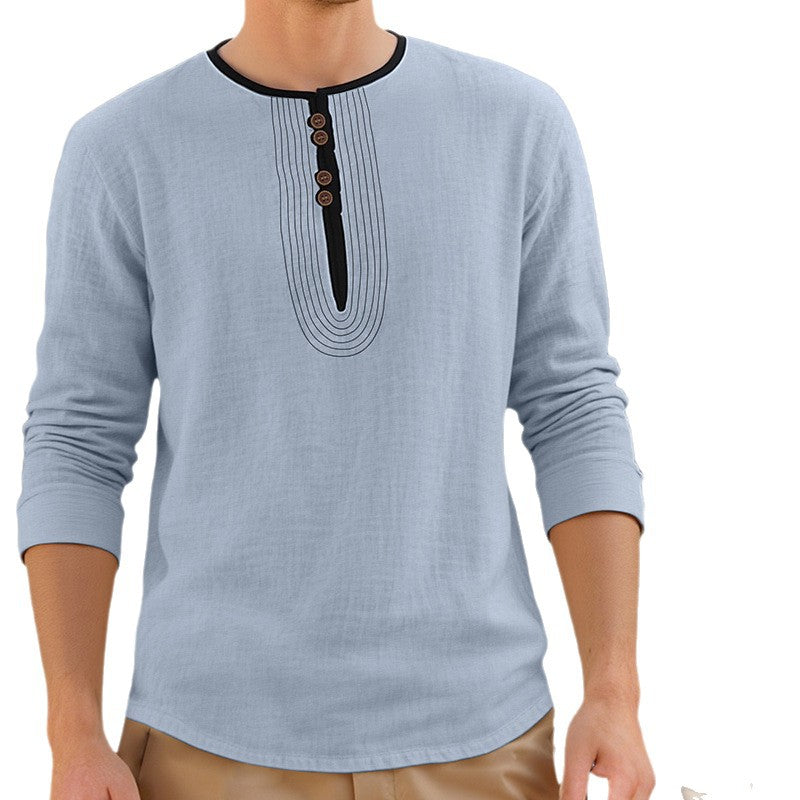 Men's Casual Linen Blend Long Sleeve Shirt with Decorative Button Placket and Decorative Stitching Mune Fashion