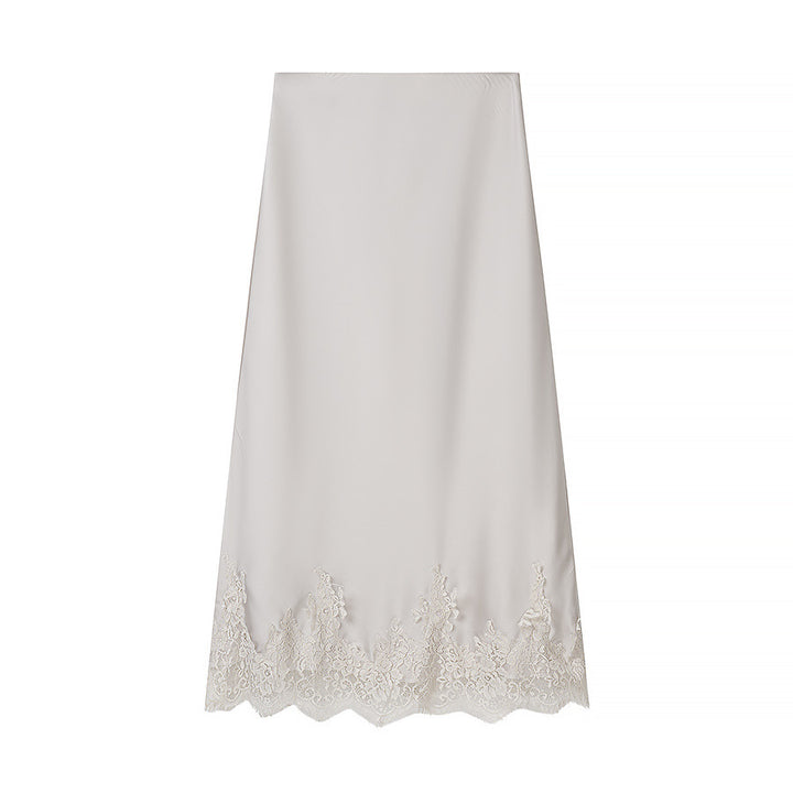 Women Two-Piece Satin Set with Wrap Blouse and Midi Skirt with Lace Trim Mune Fashion