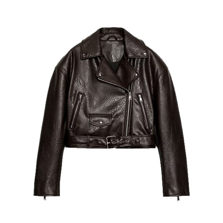 Women's Short-Cropped Biker Jacket in Textured Faux Leather with Waist Belt Mune Fashion