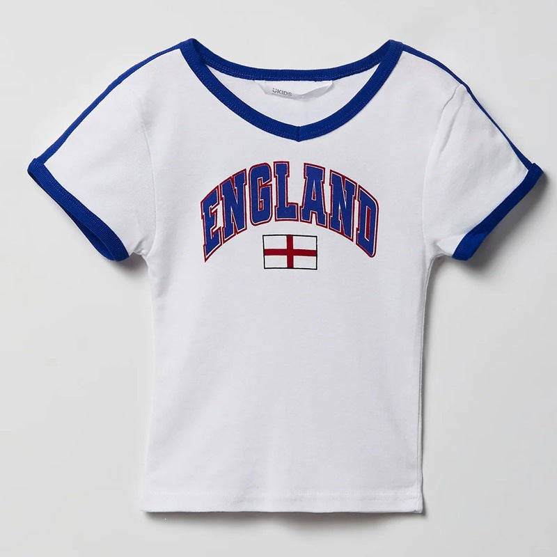 Unisex short-sleeve children's T-shirt with retro England print and contrasting round neck Mune Fashion