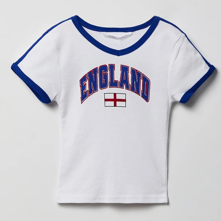 Unisex short-sleeve children's T-shirt with retro England print and contrasting round neck Mune Fashion