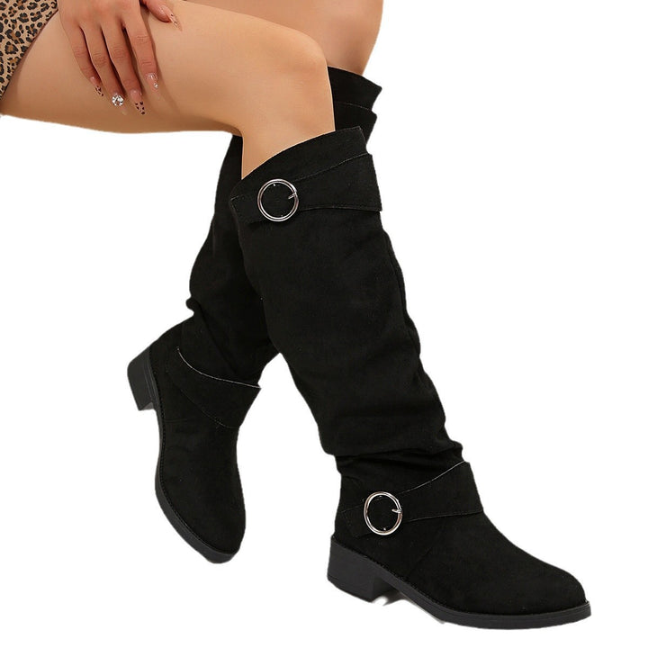 Ladies Slouch Boots with Adjustable Decorative Buckles and Suede Look Shaft Mune Fashion