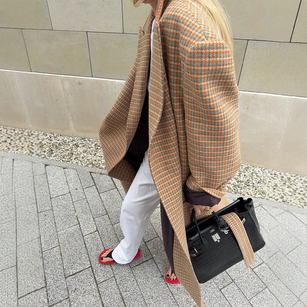 Women Oversized Wool Check Coat with Waist Belt and Emphasized Shoulder Area Mune Fashion