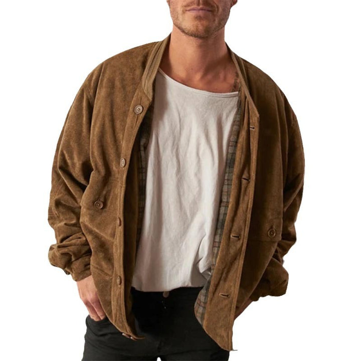Men's Oversized Suede-Look Bomber Jacket with Checked Lining and Button Closure Mune Fashion