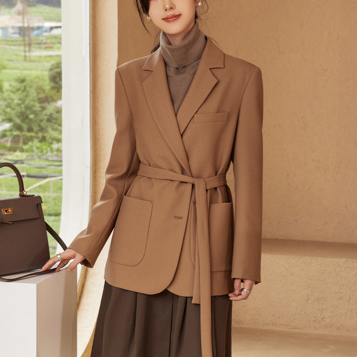 Women's Tailored Blazer Coat with Tie Belt, Flap Pockets and Notched Collar Mune Fashion