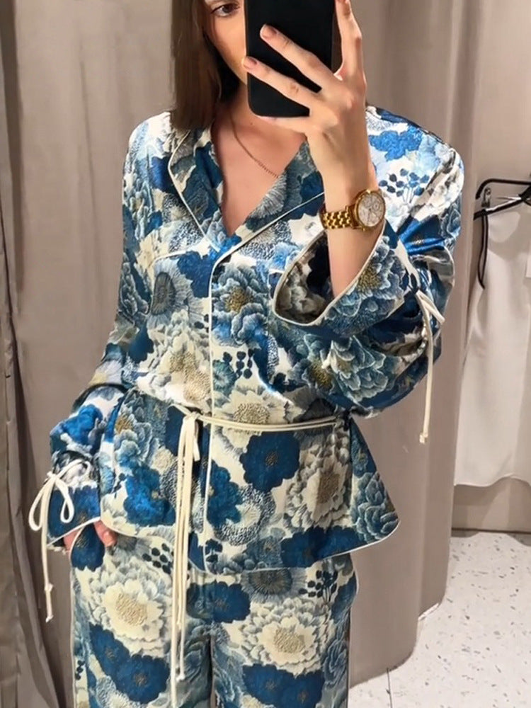 Women Two-Piece Floral Jacquard Loungewear Set with Waist Belt, Piping and Tied Sleeves Mune Fashion