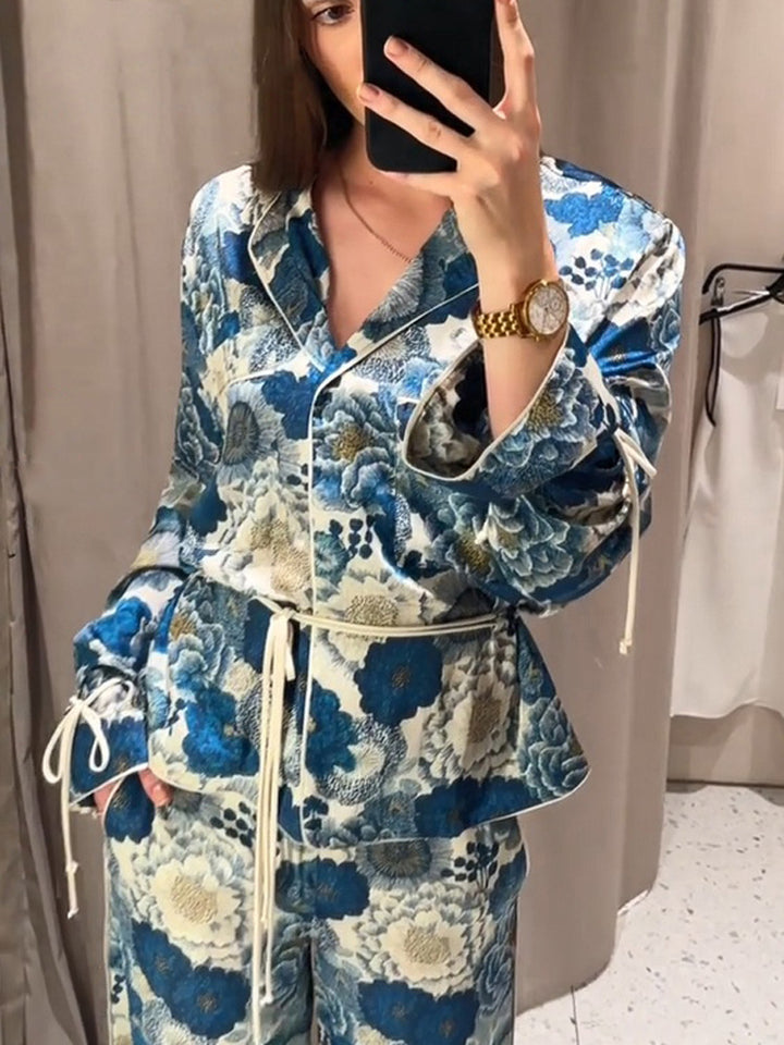 Women Two-Piece Floral Jacquard Loungewear Set with Waist Belt, Piping and Tied Sleeves Mune Fashion