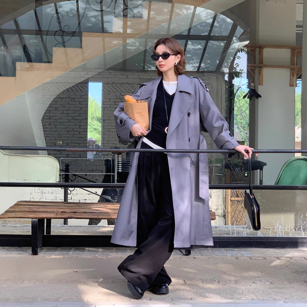 Women’s Long Trench Coat in Oversize Look with Belt and Shoulder Patches Mune Fashion