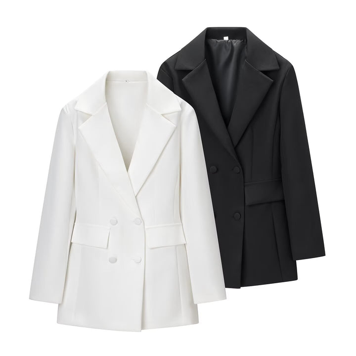 Women's Double-Breasted Longline Blazer with Waist Darts and Flap Pockets Mune Fashion