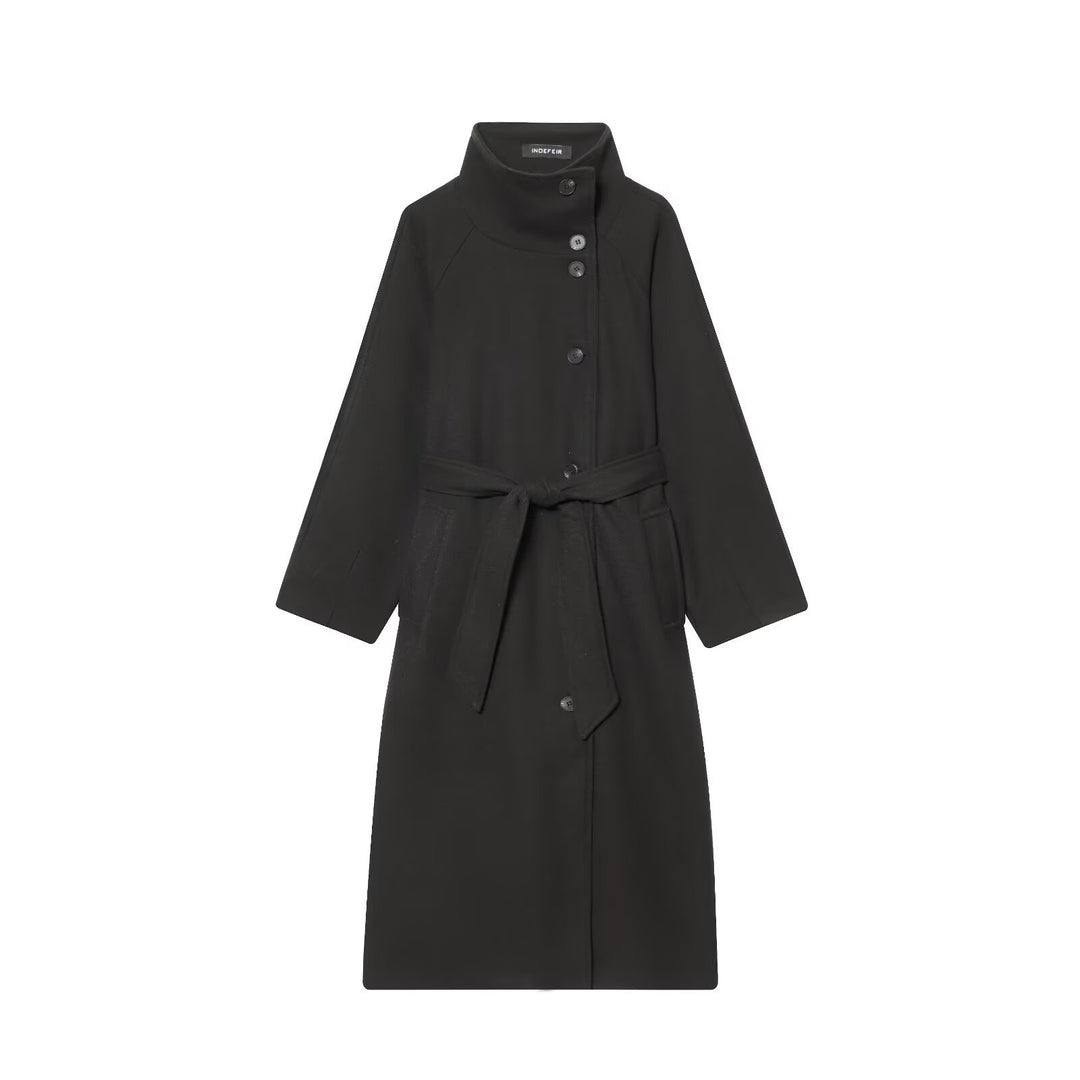Ladies wool coat with waist belt, stand-up collar and raglan sleeves Mune Fashion
