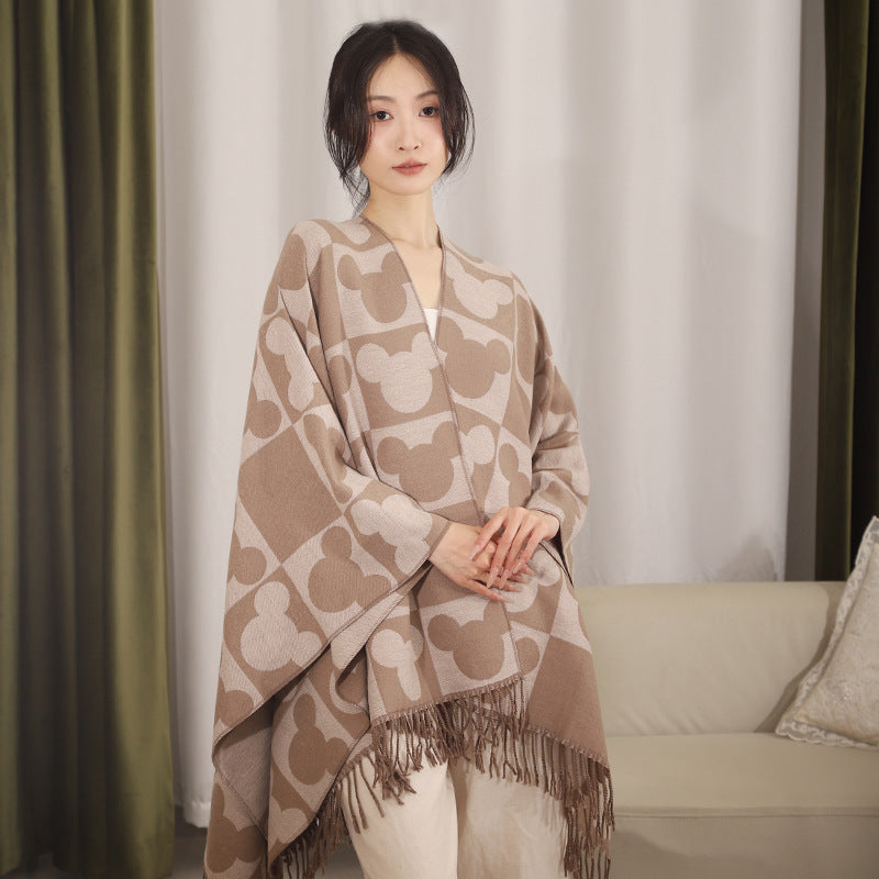Women Oversize Jacquard Poncho with Graphic Head Silhouette Pattern and Fringes Mune Fashion